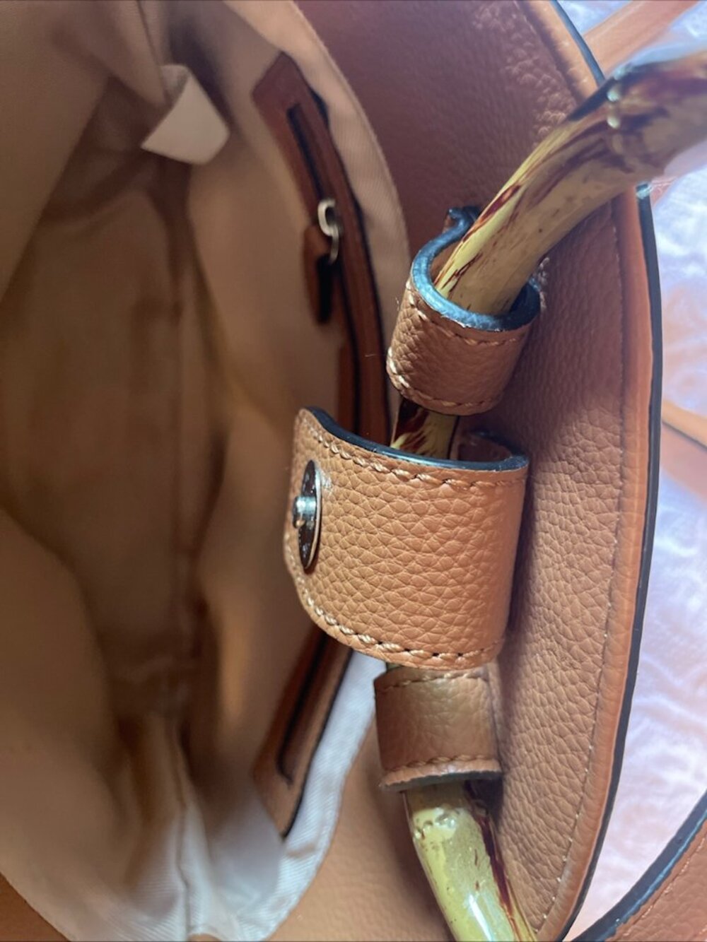 Dana Buchman Crossbody Handles Bag Floral and Tan Bamboo Handles - Picture 7 of 9